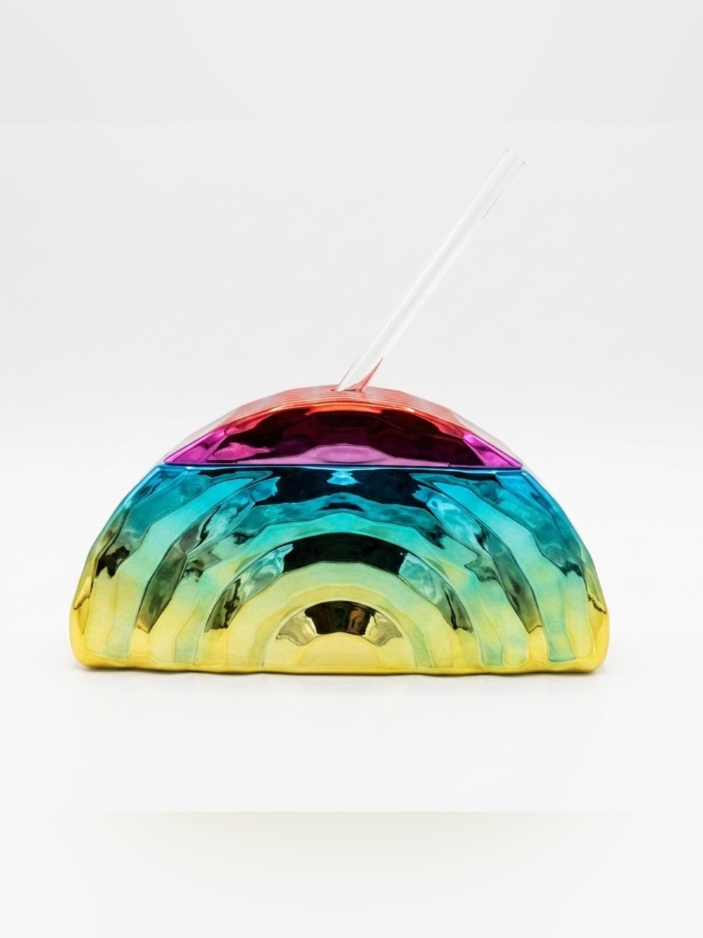 Rainbow Shaped Iridescent Chrome Tumbler Cup with Straw Novelty Drinkware Unused